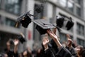A group of people are throwing their graduation caps in the air Royalty Free Stock Photo