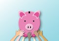 Group of people united diversity helping to lift the piggy bank. Concept of teamwork, investment, saving money.