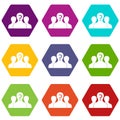 Group of people with unknown personality icon set color hexahedron