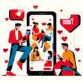 Vector illustration of a group of people using a mobile phone for online dating Generative AI Royalty Free Stock Photo