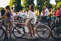 A group of people waiting for the start of the bike race in support of Ukraine Royalty Free Stock Photo