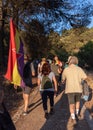 Group of people walking along a path in the Viznar ravine on the occasion of the popular march in tribute to Federico Garcia Lorca Royalty Free Stock Photo