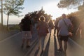 Group of people walking along the road from Viznar to Alfacar on the occasion of the popular march in tribute to Federico Garcia Royalty Free Stock Photo