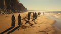 A group of people walking on a beach