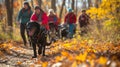 A group of people walking with a dog in the woods, AI Royalty Free Stock Photo