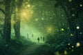 Group of People Walking Among Fireflies in Forest Royalty Free Stock Photo