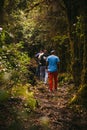 Group of people walking hiking inside the forest