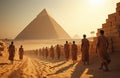A group of people walking on a sandy road in front of the pyramids Royalty Free Stock Photo