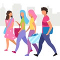 Group of people walking street flat vector illustration. Friends walk and talking together cartoon characters. Girls and guy Royalty Free Stock Photo