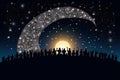 Group of people watching large crescent moon on Christmas sky