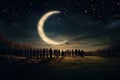 Group of people watching large crescent moon on Christmas sky