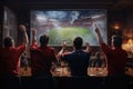 Group of People Watching a Soccer Game on a Big Screen, Back view of woman athlete in sportswear doing stretching and warm up for Royalty Free Stock Photo