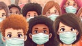 Group of people wearing face masks, with focus being on several women. They are all standing together in close Royalty Free Stock Photo