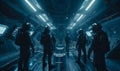 Group of people wearing futuristic space costumes. Squad in armor in the spaceship interior. Generative AI Royalty Free Stock Photo