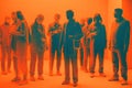 A group of people wearing protective masks to avoid viruses, orange tone silhouettes. Generative AI