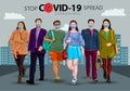 Group of people wearing surgical masks and walking down a street in a city, prevention and safety procedures concept.Coronavirus