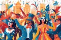 A group of people wearing Venetian Carnival Masks, engaging in a lively celebration, conveying the joy and festive atmosphere of