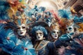 A group of people wearing Venetian Carnival Masks, engaging in a lively celebration, conveying the joy and festive atmosphere of