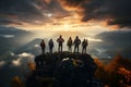 Group of 6 people were standing on the top of a mountain. Admire the beauty of the morning sun Proud of their success in
