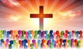 People finding Christianity. Crowd of believing people. People at the cross. Believers who pray. Group of people. Christian Church Royalty Free Stock Photo