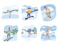 Group of people in winter clothes doing winter activities vector flat cartoon illustration Royalty Free Stock Photo