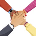 Group of people hands together flat vector illustration. Cooperation, partnership, teamwork cartoon concept. Royalty Free Stock Photo