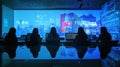 A group of people working together in a tech-focused environment with digital displays