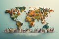 Group of people on world map background. Concept of global business and communication, crowd of multicultural people composing a Royalty Free Stock Photo