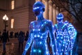 Group of Performers Wearing Blue LED Lights Outfit Walking in Evening City Environment