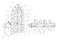 Group of Person Attacking Gate with Battering Ram but There is Key, Vector Cartoon Stick Figure Illustration Royalty Free Stock Photo