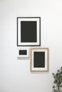 Group of photo frames hanging against the white wall Royalty Free Stock Photo