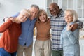 Group photo of happy elderly people hugging, smiling at camera Royalty Free Stock Photo