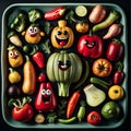 Group photo of happy vegetable cartoon characters, in a cooking pan together, smiling,whimsical