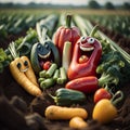 Group photo of happy vegetable cartoon characters, in a cooking pan together, smiling, whimsical