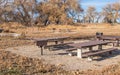 An empty group picnic area at a state park near Denver, Colorado.