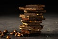 Group of pieces of dark chocolate with whole hazelnuts, closeup on a dark background. Black chocolate with hazelnuts nuts close-up