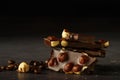 Group of pieces of dark chocolate with whole hazelnuts, closeup on a dark background. Black chocolate with hazelnuts nuts close-up