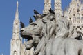 Group of Pigeons on The marvellous lion statue at Piazza Duomo of Milano Italy, dirty from bird pooping shit Royalty Free Stock Photo