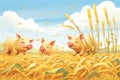 group of pigs digging in a cornfield