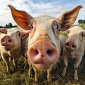 Group of pigs on a farm in summertime, close-up