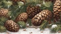 a group of pine cones and leaves