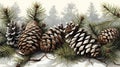 a group of pine cones and pine needles