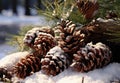 a group of pine cones on snow