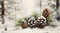 a group of pine cones in the snow