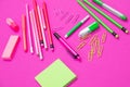 Group of pink and bright green office incidentals on pink background isolated