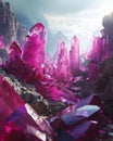 a group of pink crystals in a rocky area