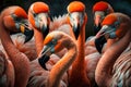 A group of pink flamingos posing for the camera