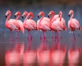 Group of pink flamingos standing in water. Wildlife scene from nature.