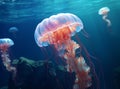 Group of pink and orange jellyfish swimming in a deep blue ocean with rocks and sea creatures.