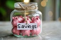 Group of pink piggy banks in a glass jar, inscription \